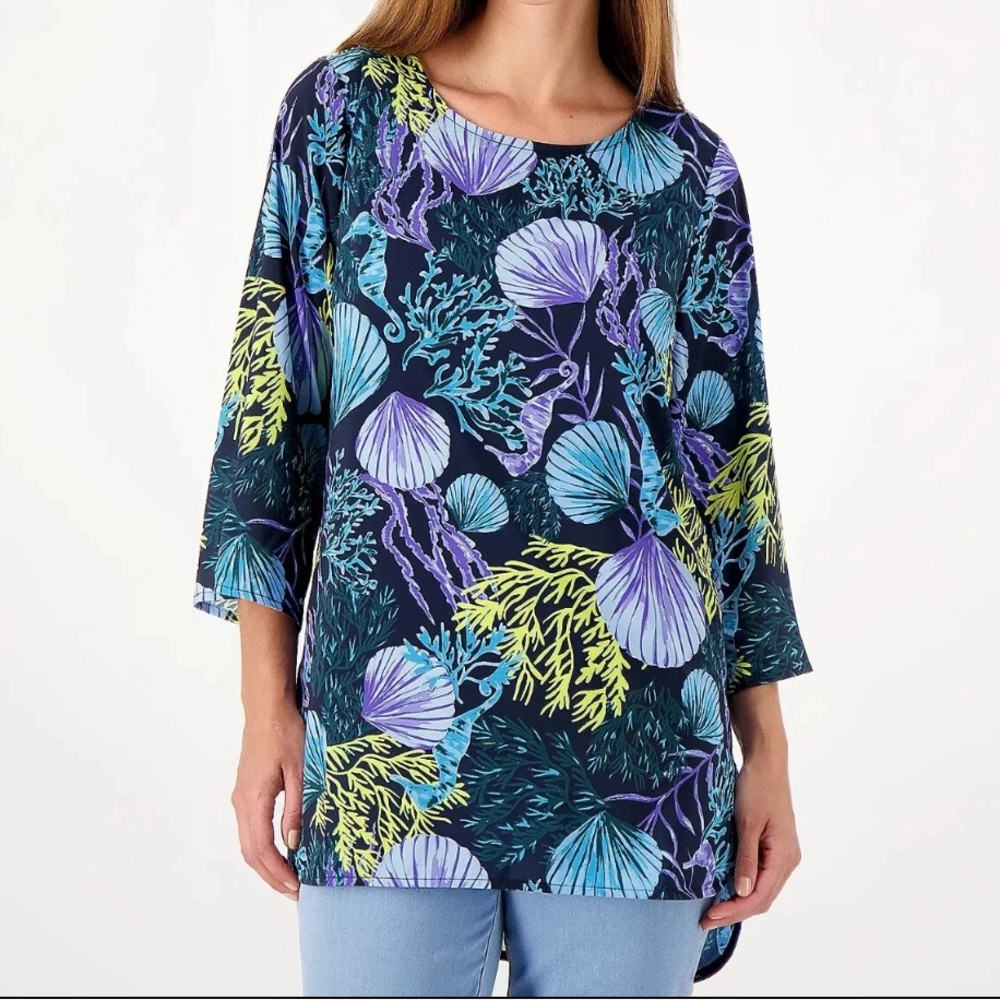 J Jason Wu Women's Large Blue Coral Shells Tunic Top Seahorse Beach Ocean Summer